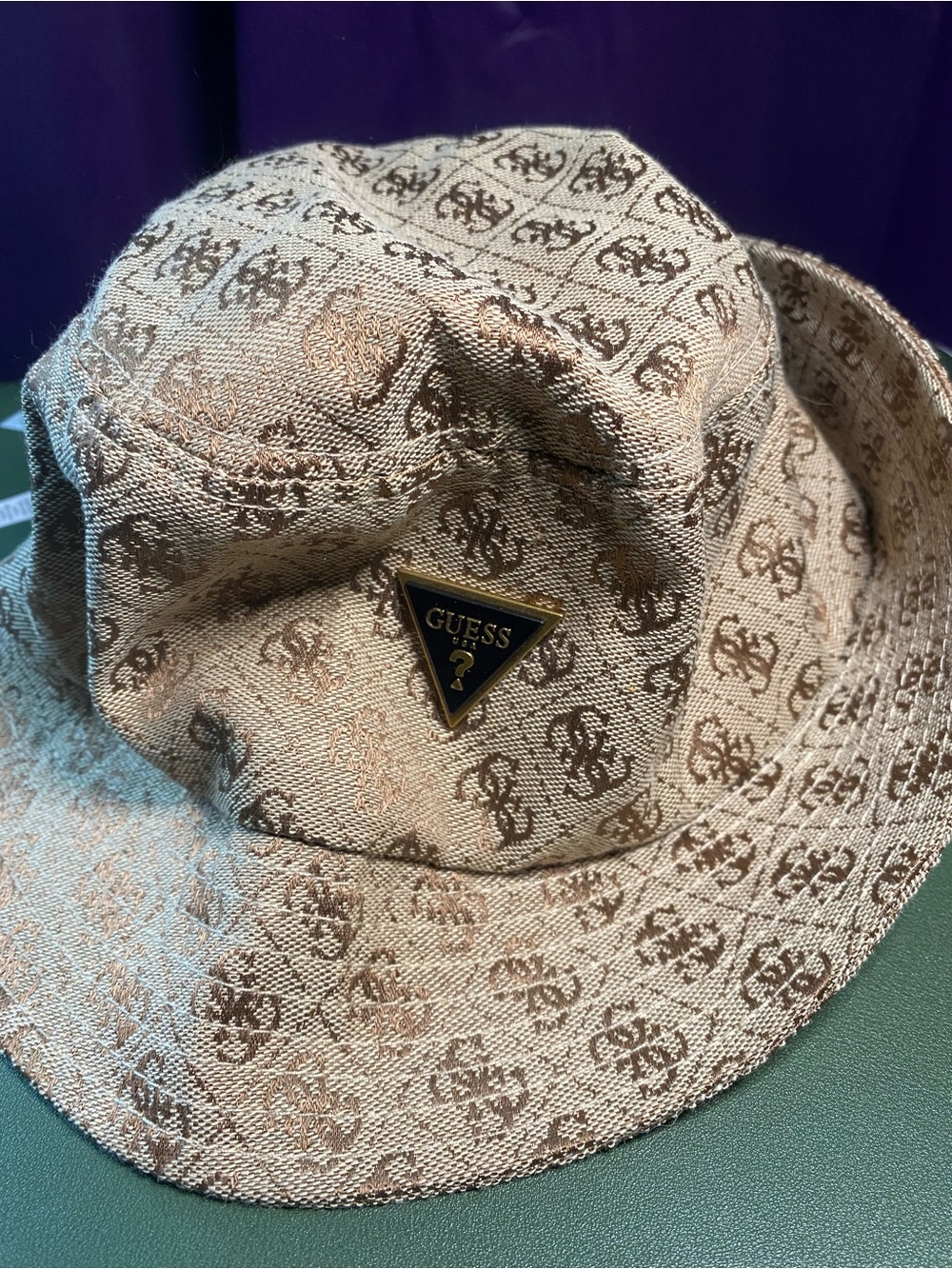 GUESS Cream and Brown Logo Bucket Hat with Triangle Emblem